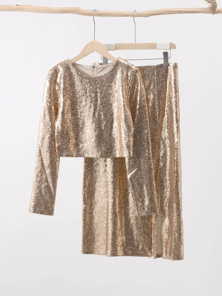 Sequin Crop Top Suit Women Fashion Sexy Loose Long Sleeve High Waist Party 2 Piece Set Hip Packge Street Split Skirt Sets 240329
