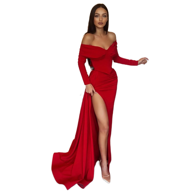 Sexy Red Sheath Prom Dresses Side High Split Off The Shoulder Simple Long Evening Gowns For Women Satin Corset Full Sleeve Pageant Birthday Special Oc