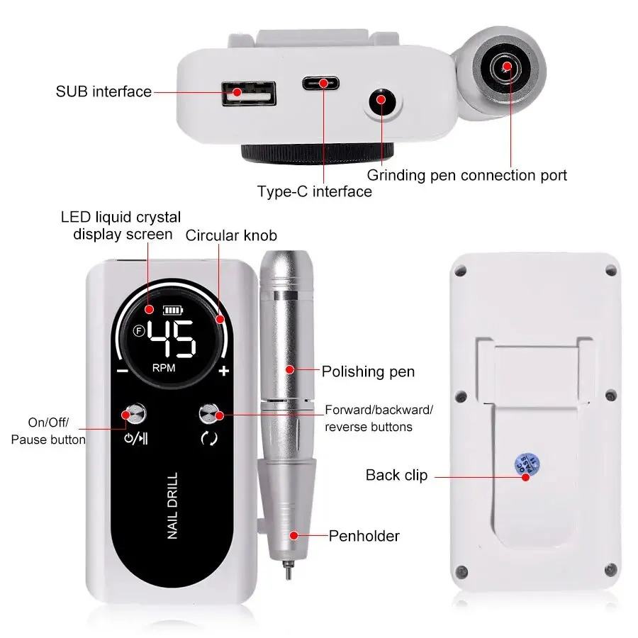 Professional 45000RPM Electric Portable Nail Drill Machine Rechargeable Low Noise Nail Sander File for Manicure Salon Tool 240314
