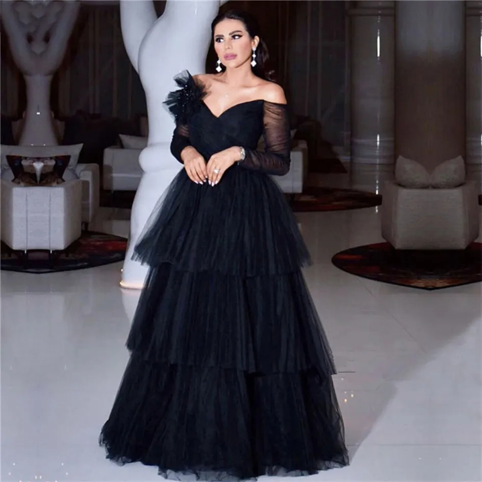Elegant Arabic Black Floor Length Prom Dresses A Line Off The Shoulder Long Sleeves Tiered Tulle Classic Evening Gowns For Women Birthday Formal Occas