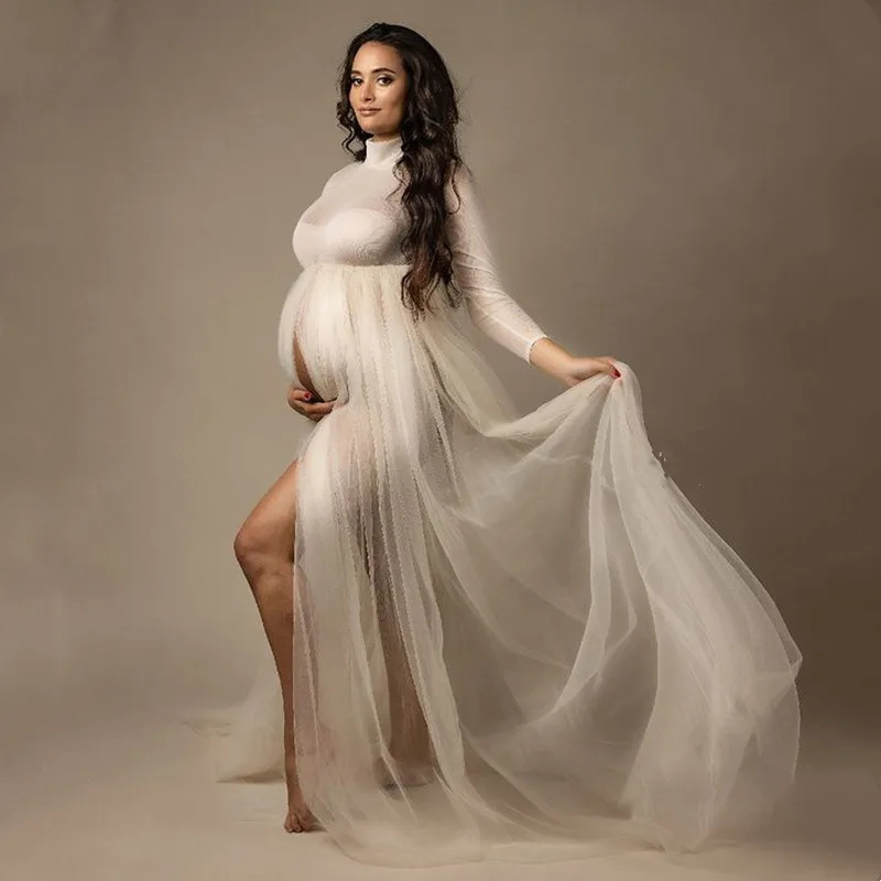 High Neck Stretchy Mesh Maternity Pography Tulle Dress Full Sleeve See Through Pregnancy Mesh Maxi Dress For Poshoot 240305