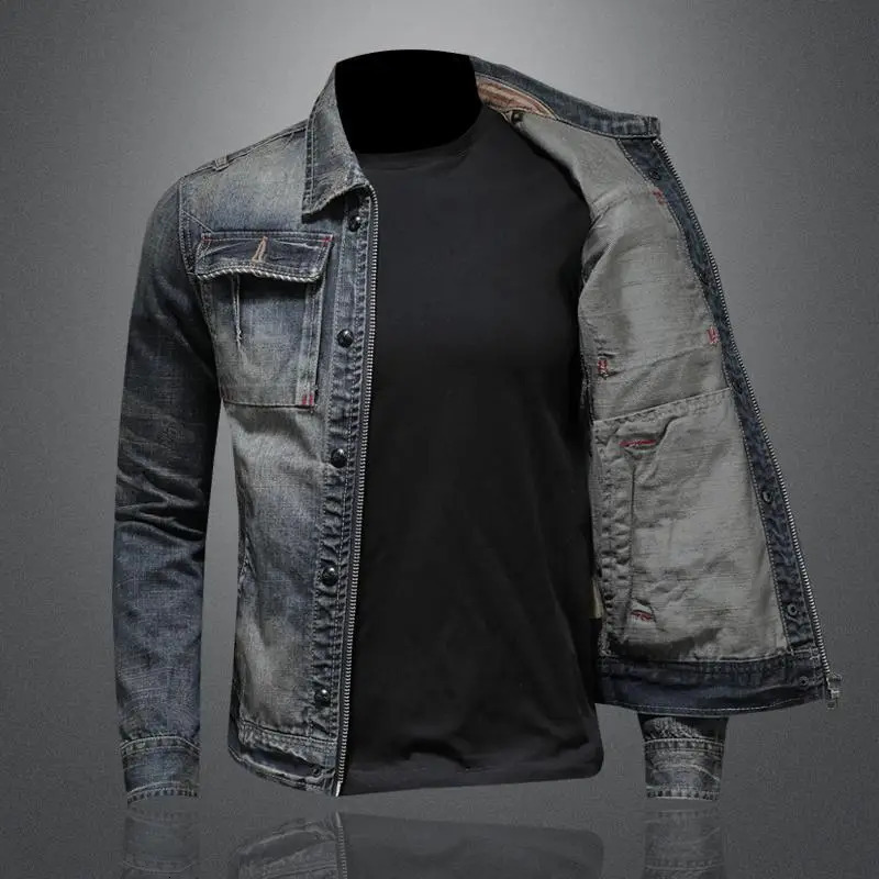Mens Retro Classic Denim Jacket Autumn Street Trend Handsome Riding Windproof Clothing High Casual Lapel 240307