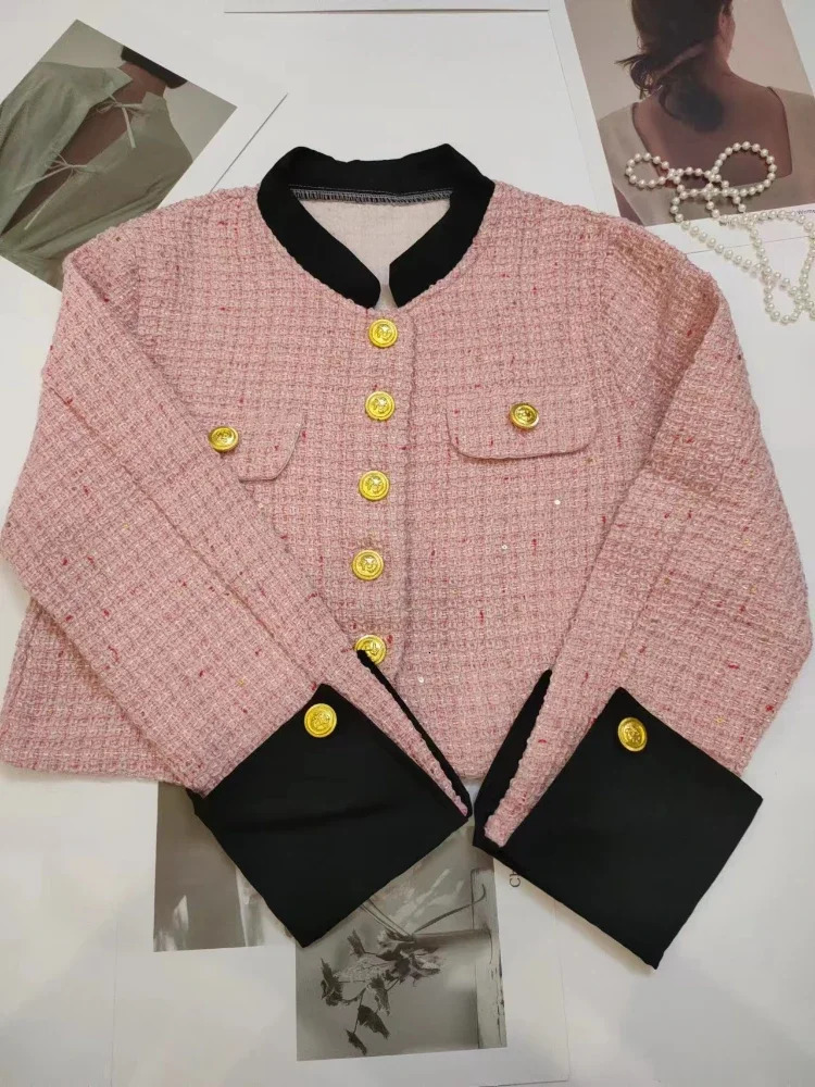 Jackets For Women Short Contrast Color Joint Tweed Stand Collar Small Fragrance Outwear Tops Femme Clothing Korean Fashion Coat 240307