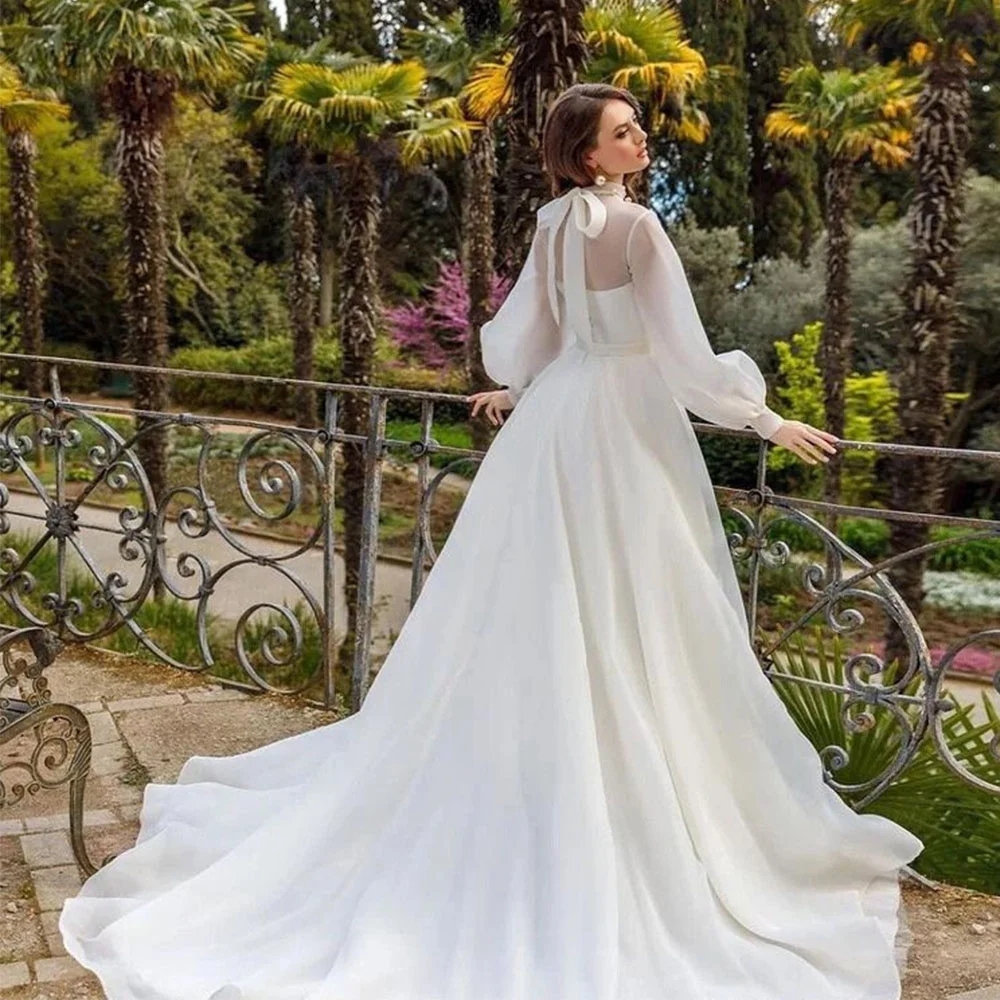 Classic A-LINE V-Neck Wedding Dress 2024 High Neck Long Sleeves Organza Bride Formal Gowns Vestidos De Novias Robe De Mariage