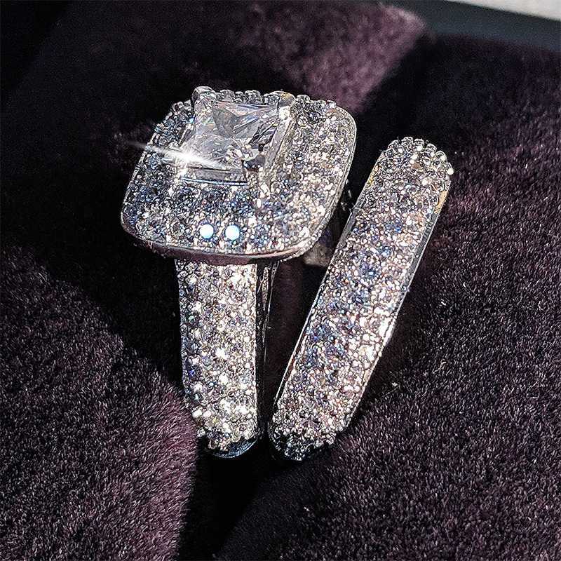 ringVecalon 188pcs Topaz Simulated diamond cz 14KT White Gold Filled 3-in-1 Engagement Wedding Band Ring Set for Women Sz 5-11