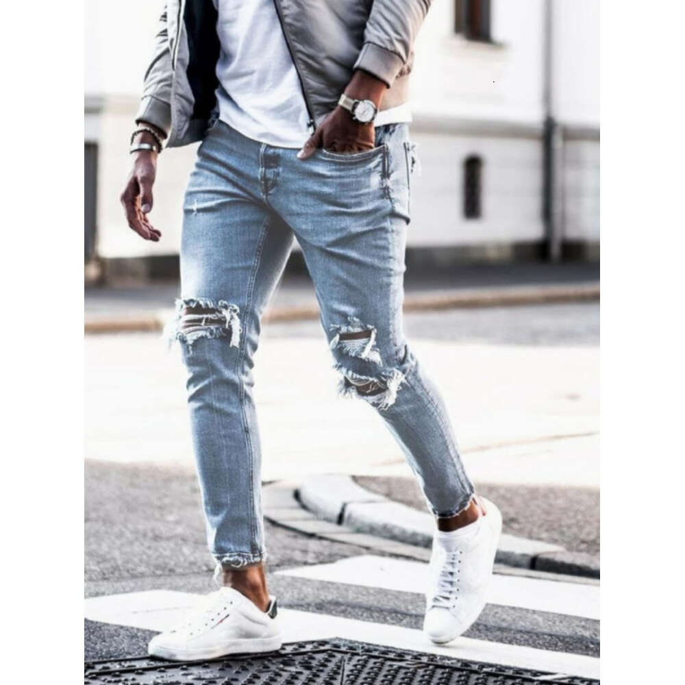 High Quality Men's Distressed Small Foot Elastic with Torn Tight Fitting Jeans for Men