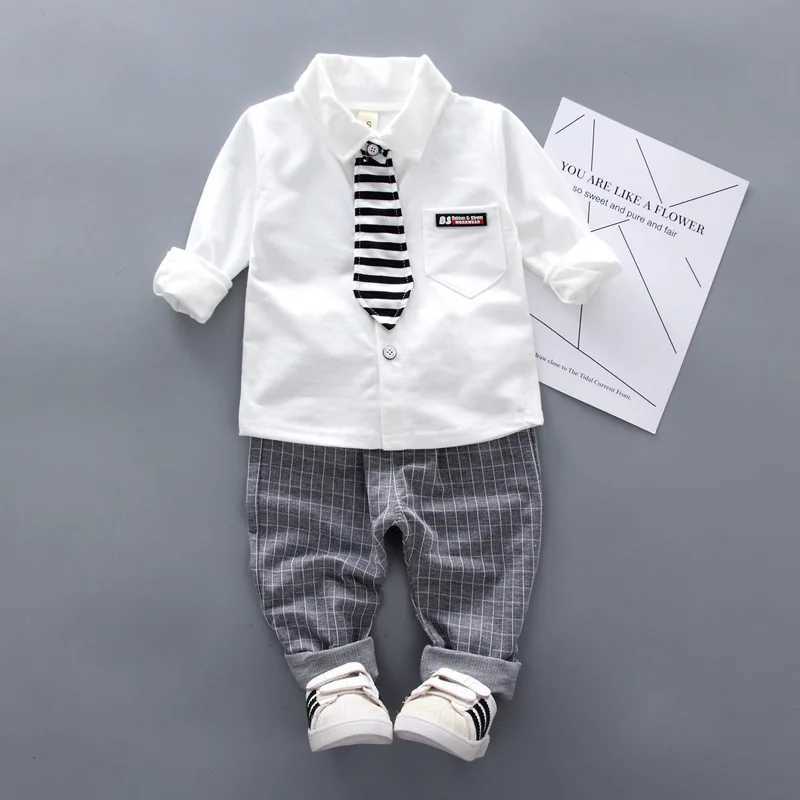 Clothing Sets Boys Solid Clothing Sets Spring Autumn Baby Cotton Long-Sleeve Tie Shirt Pants 2pcs Outfits Kids Elegant Gentleman Suit 1-4Y