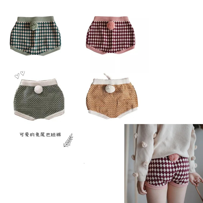 Kids Knit Short Spring Autumn Girls Triangle Shorts Bottoms Toddler Lovely Causal Knitted Fur Rabbit Ball Baby Short Pants 240315