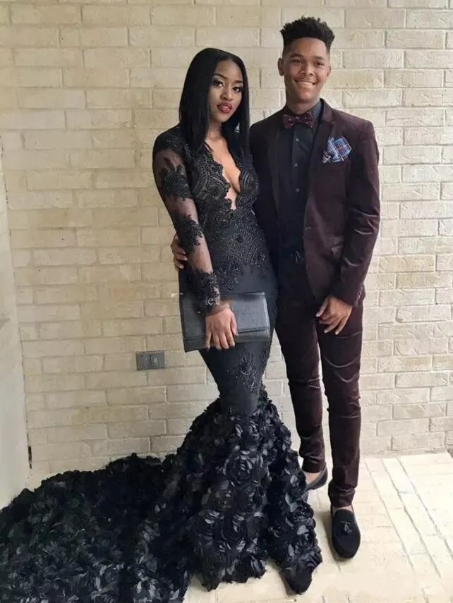 Gothic Black Mermaid Prom Dresses 3D Rose Sweep Train Evening Gowns South African V Neck Sheer Long Sleeves Formal Party Dress