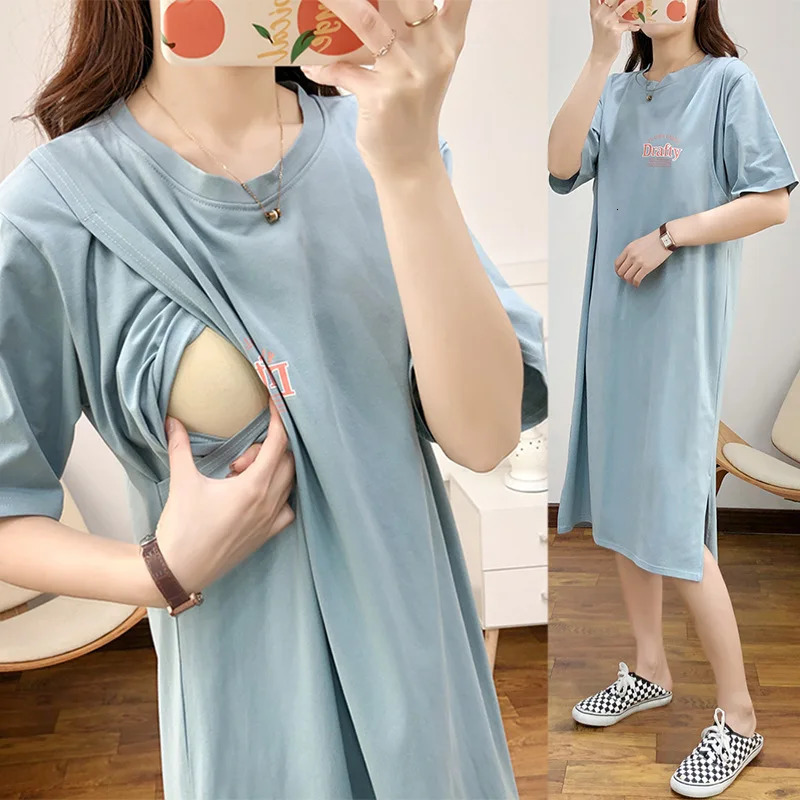 Breastfeeding Dress Home Clothes For Women Summer Maternity Nursing Dresses Pregnant Loose Casual Feeding Clothing Pregnancy 240309