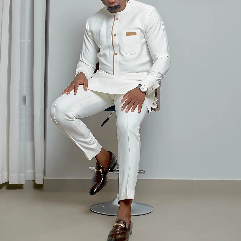 Kaftan Summer Mens Suit Round Neck Longsleeved Top Pants African Male Traditional Outfit National Style 2PCS Clothing Sets 240301