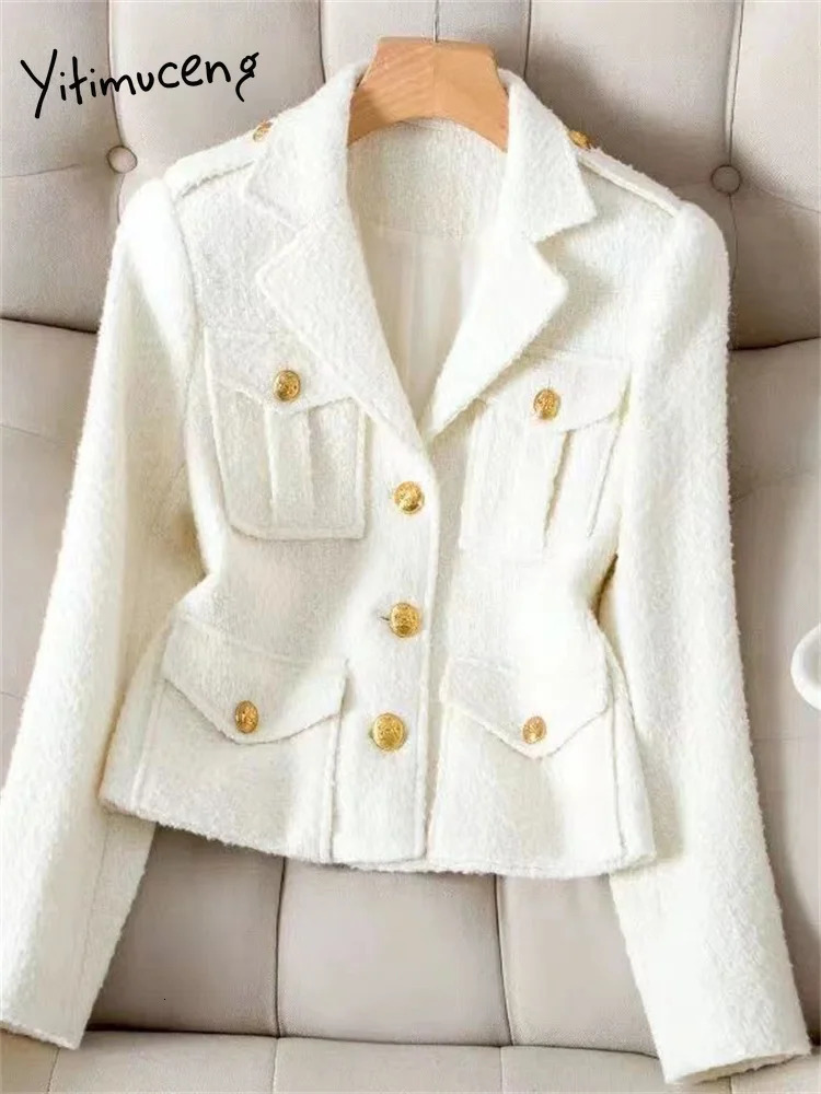 Yitimuceng Button Up Jackets for Women Autumn Winter Office Ladies Turn Down Collar Coats Vintage Long Sleeve Tweed Jacket 240307