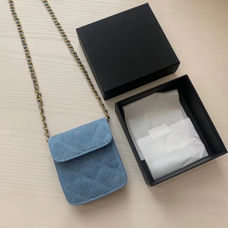 Denim diamond check gold hardware chain strap shoulder coin purse Makeup bag VIP gift with packaging