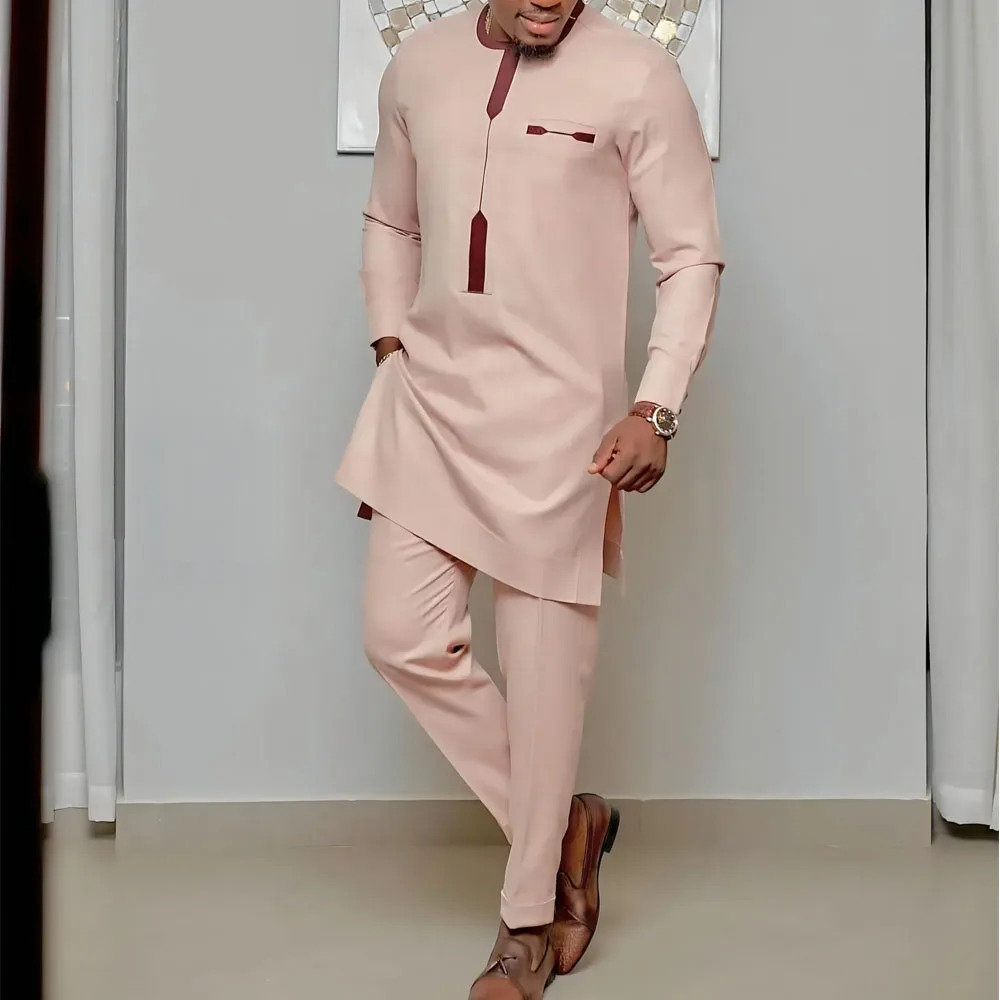 Kaftan Summer Mens Suit Round Neck Longsleeved Top Pants African Male Traditional Outfit National Style 2PCS Clothing Sets 240301
