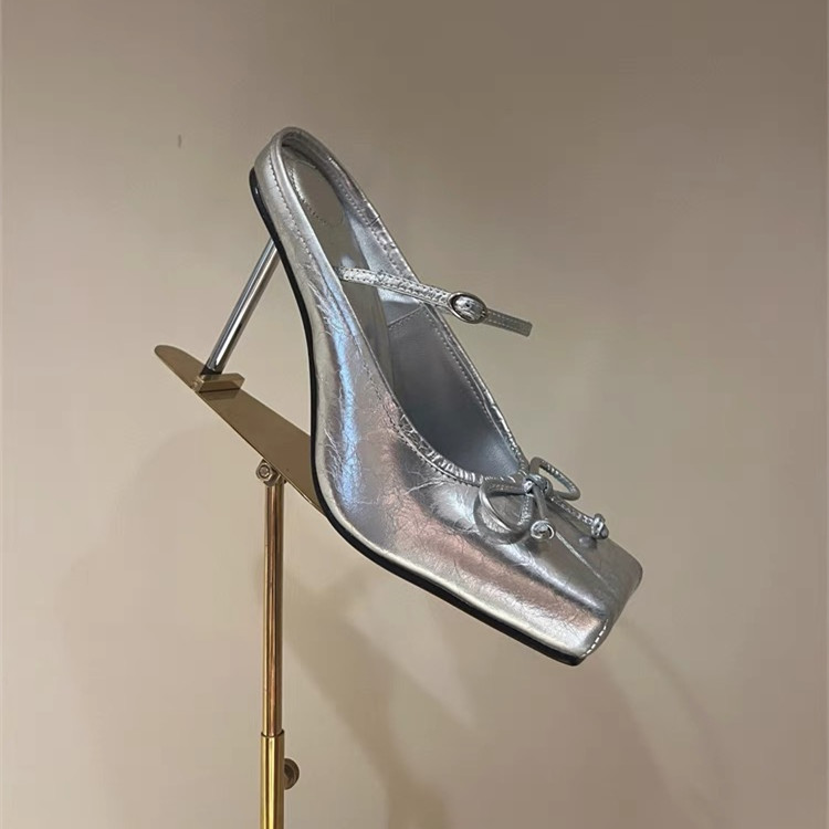 2024 European and American Metal Thin High Heels Square Head High Quality Walking Shoes Women's Fashion Baotou Slippers
