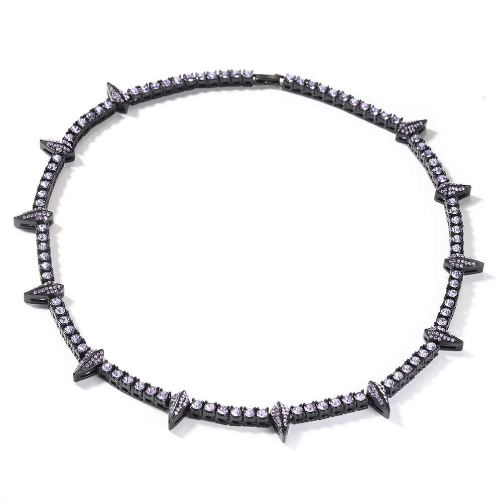 Hip Hop Ins Style New Black Rhinestone Tennis Chain Necklace For Men And Women Spike Charm Purple Green Pink Gemstone Choker Necklaces Bling Jewelry R
