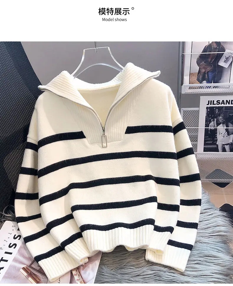 Sweater Pullover Women Spring and Autumn New Zipper Stripe Underlay Short Style Popular Premium Sweaters Female