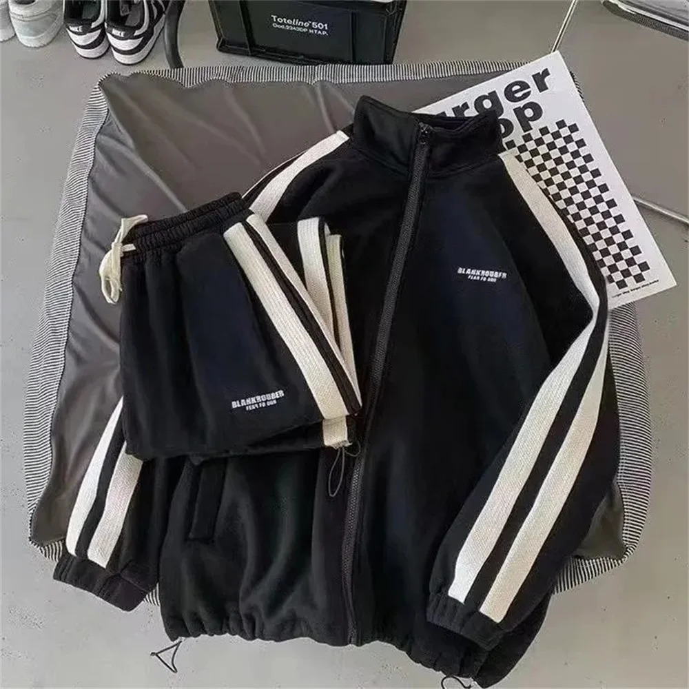 Korean Casual Sportsuit Hoodies Men Set Autumn Loose Zipper Coat Sweatpant 2 Piece Fashion Stripe Print Outfits Tracksuit 240312