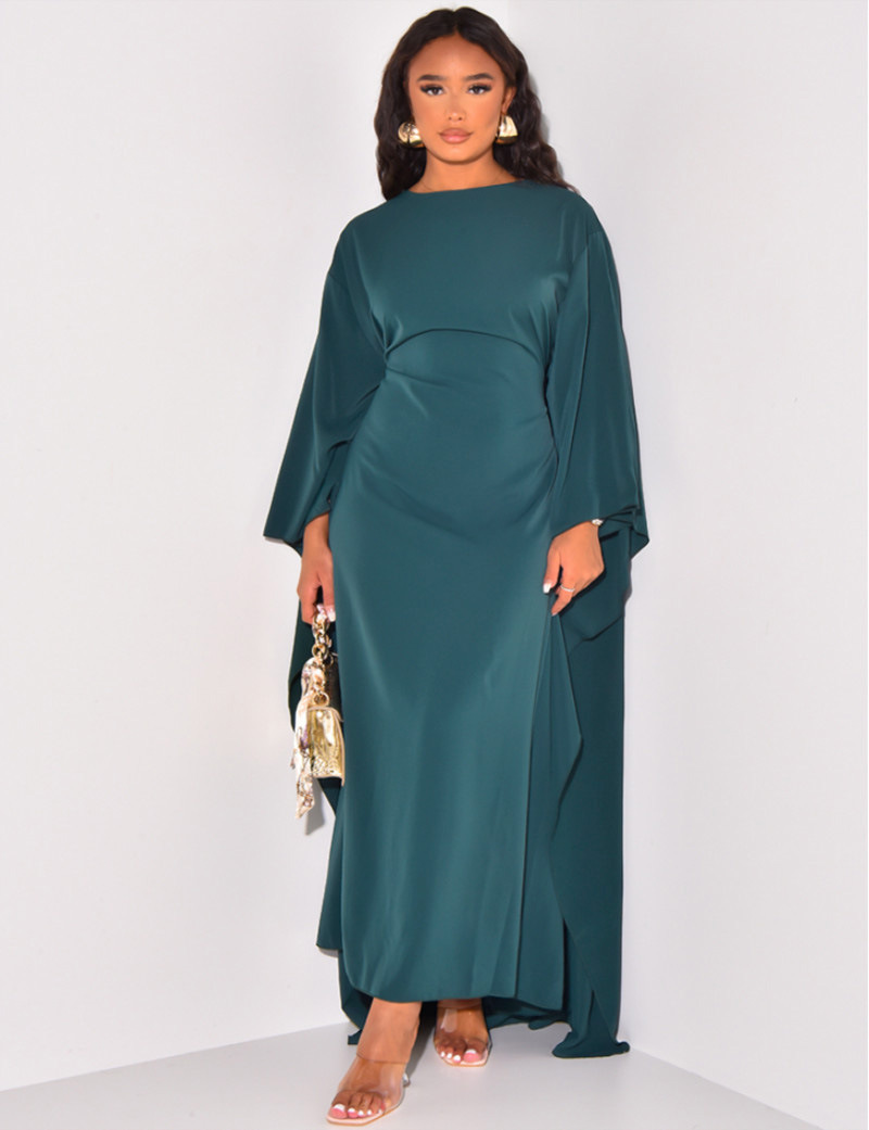 Women Casual Dresses Satin Long Bat Sleeves Solid Dress Robe Autumn Elegant Loose Maxi Dresses