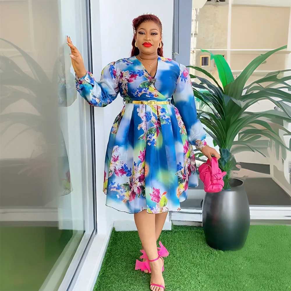 Basic Casual Dresses 2024 New African Dresses for Women New Arrival Summer Long Sle V-neck Printed Dress with Belt Africa Women ClothesC24315