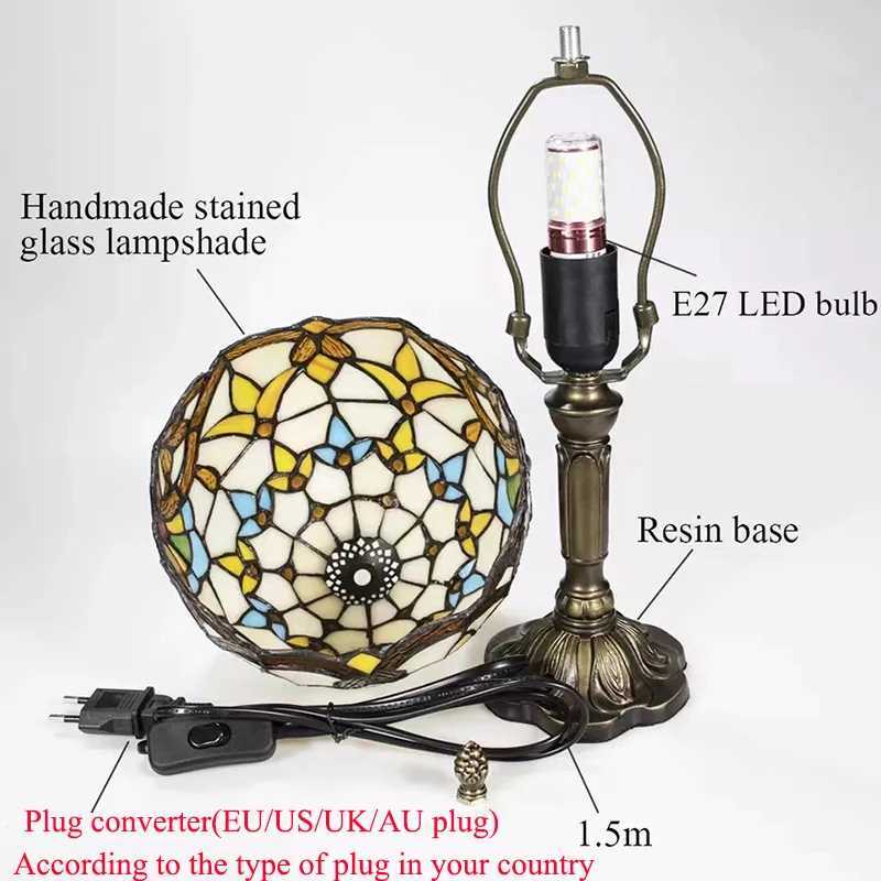 Lamps Table LED Tiffany Style Table Lamp Retro Mediterranean Decorative Lights E27 Color Glass LampshadeFor Nightstand Light Bedroom Cafe z240906 hade