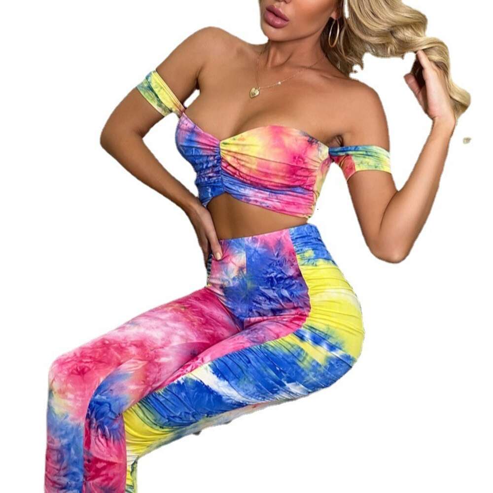 2024 Women's Fashion Tie Dye Gradient One Line Neck Top Tight Folded Pants Two Piece Set