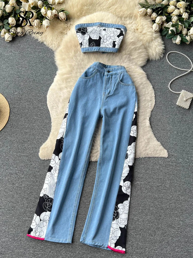 SINGREINY Women sweet Two Pieces Denim Suits Strapless Mini Zipper TopWide Legs Long Pants Painting Fashion Y2K Sexy Sets 240326
