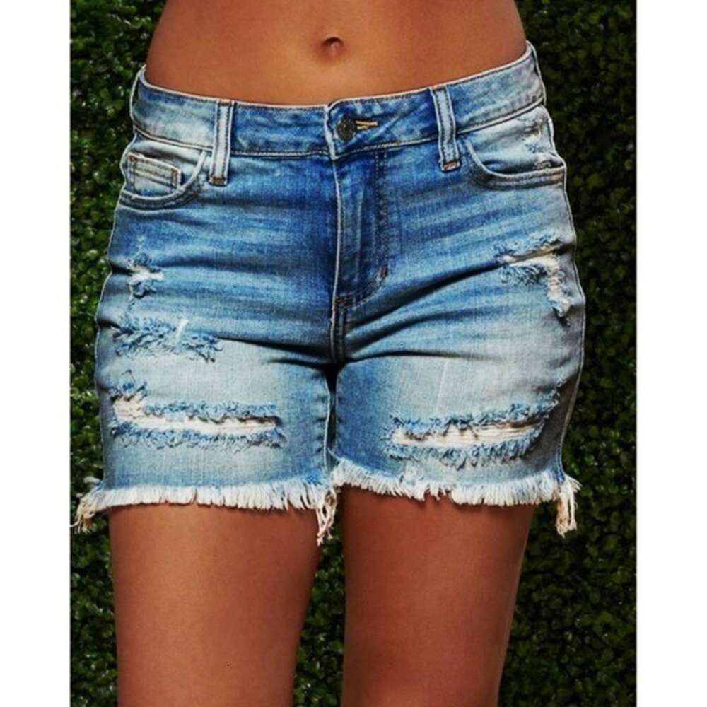 Perforated Tassels Women's High Elastic Denim Shorts Are Super Hot