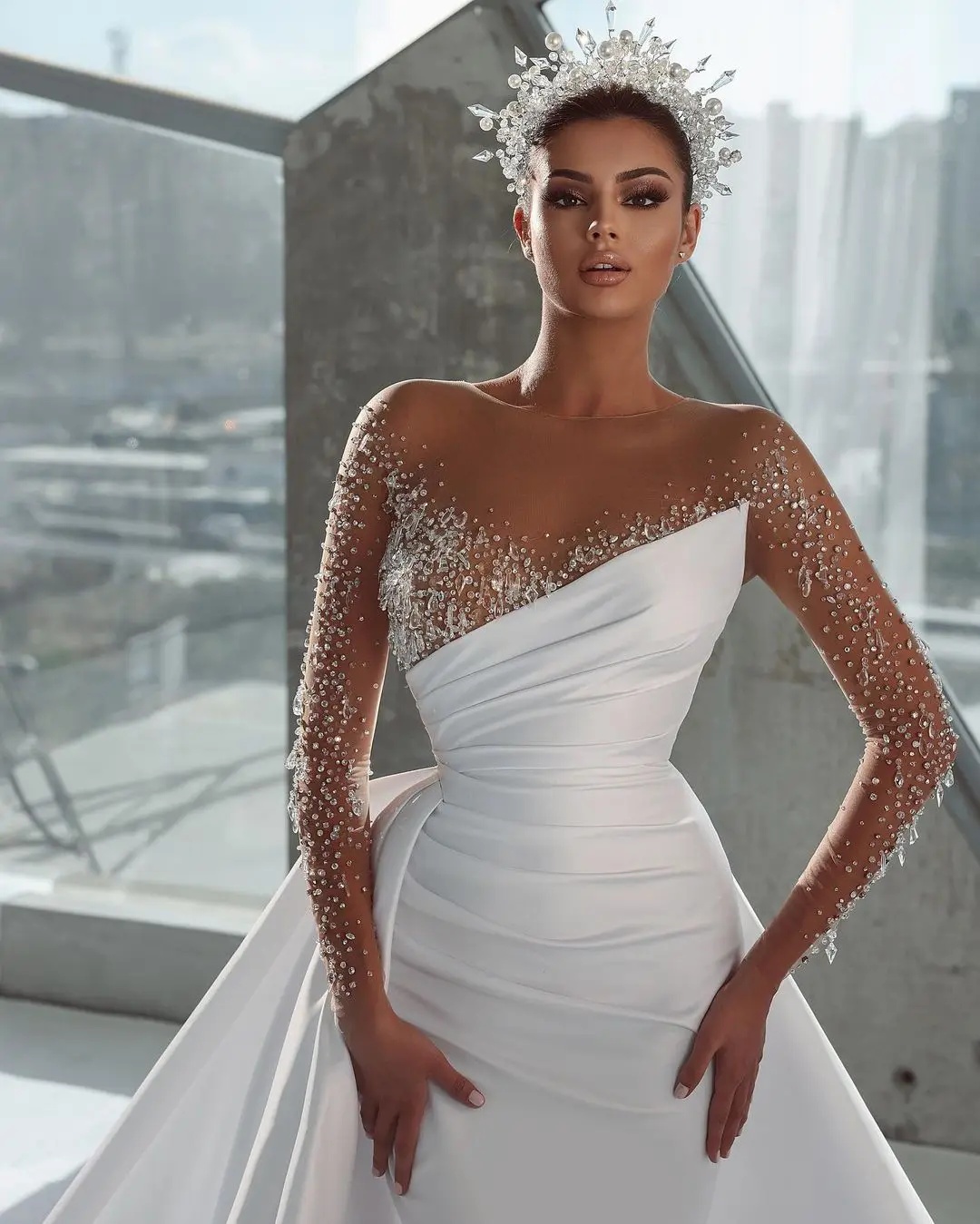 Modest Mermaid Bridal Gowns Sheer Neck Jewel Wedding Dress Illusion Custom Made Crystals Beading With Train Vestido De Novia 0219