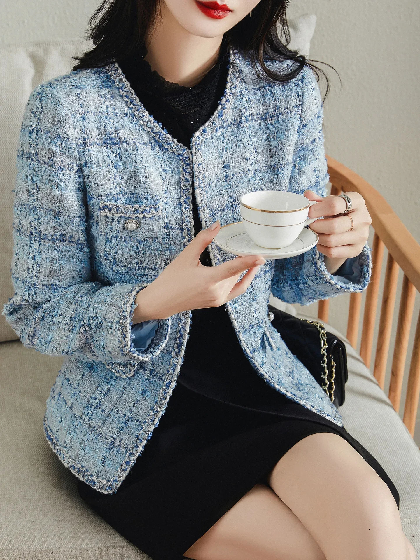 Tweed Jacket Spring Autumn Womens Classic Ladies Runway Plaid Blue Loose Coat ONeck 240307