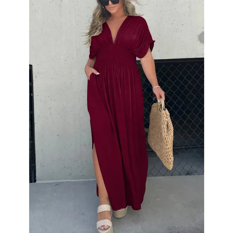 Women Loose Casual Dresses Sexy V Neck Ruched Dress Formal Dress Short Sleeve Elastic Waist Side Slit Maxi Dress