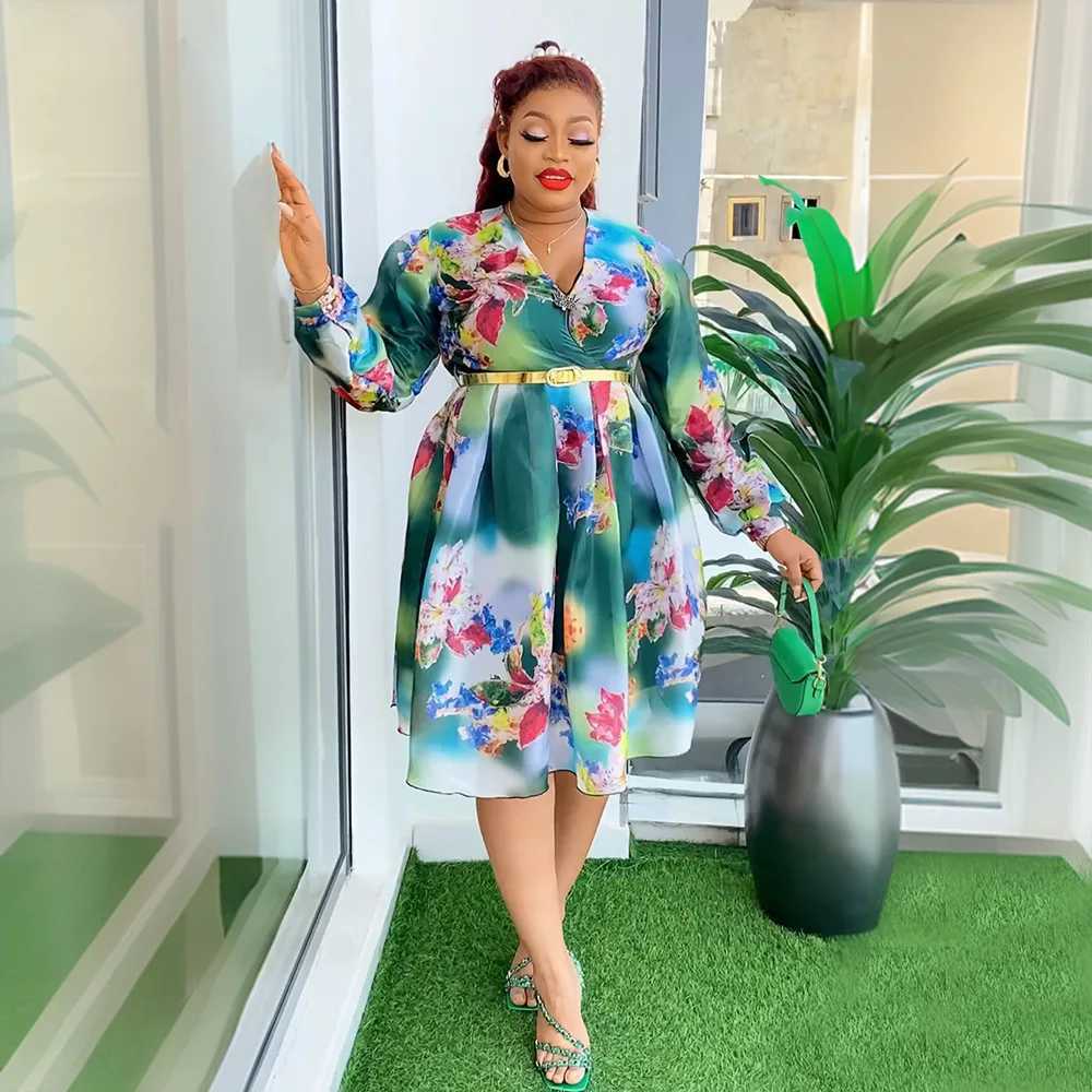 Basic Casual Dresses 2024 New African Dresses for Women New Arrival Summer Long Sle V-neck Printed Dress with Belt Africa Women ClothesC24315