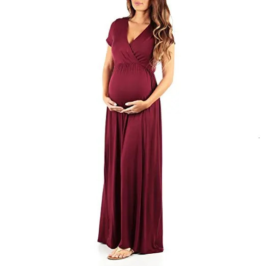 Pregnant Long Dres Casual Short Sleeve V Neck Evening Party Maxi Maternal Pregnancy Dresses 240301