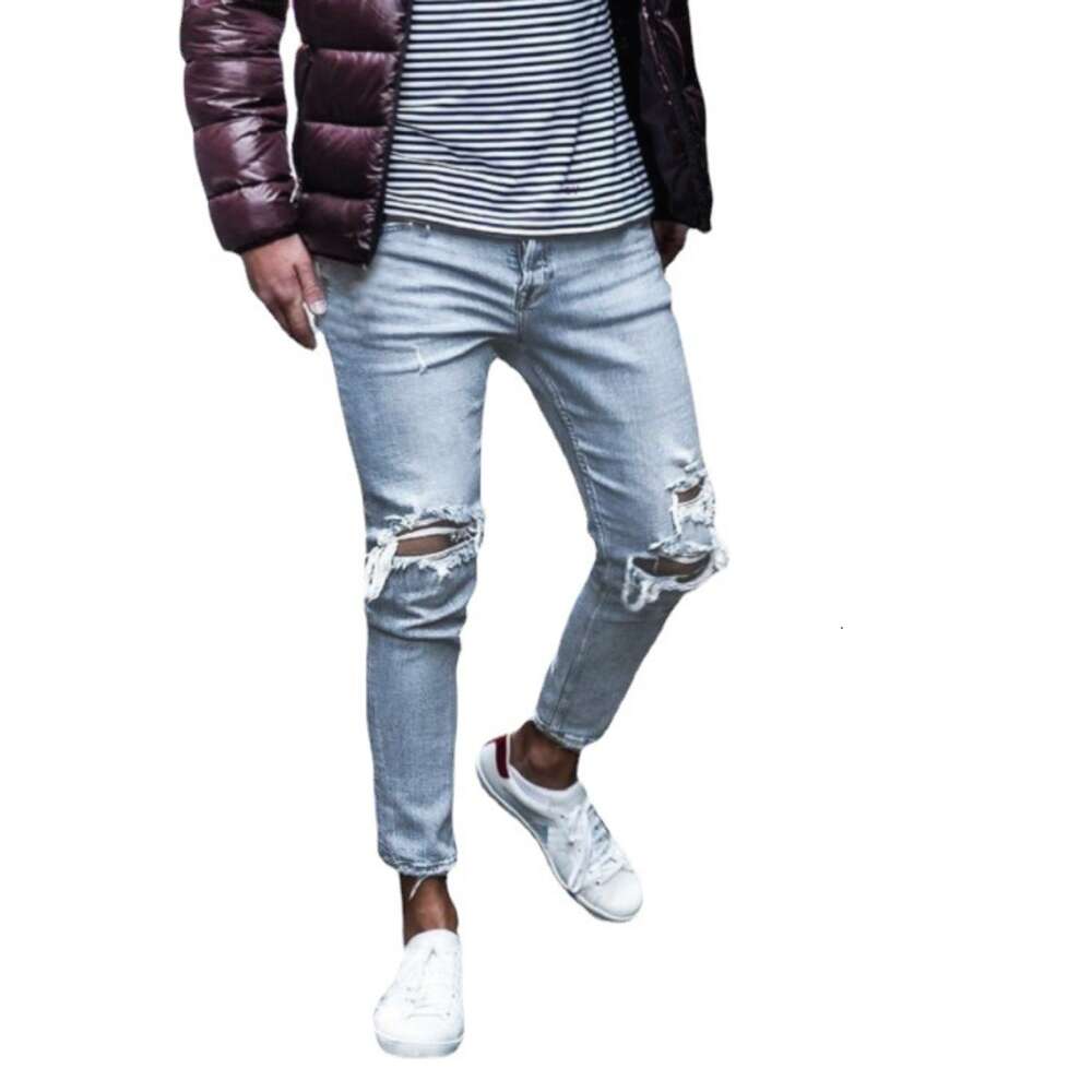 High Quality Men's Distressed Small Foot Elastic with Torn Tight Fitting Jeans for Men