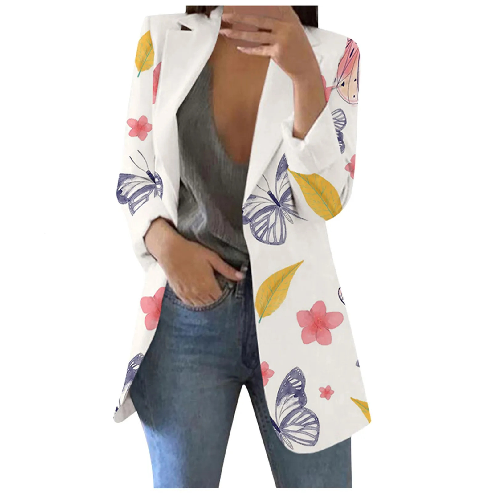 WomenS Coat For Autumn Fashion Colorful Short Suit Casual Printed Suit Long Sleeve Loose Comfortable Cotton Cardigan Coat 240306