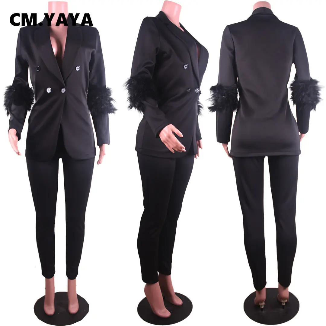 CM.YAYA Vintage Women Fur Hem Long Sleeve Blazer Suit and Pants Chic OL Fashion Two 2 Piece Set Outfits Basic Tracksuit 240301