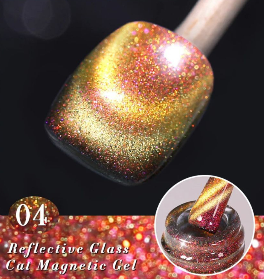 Golden Sunset Sparkle: Reflective Glass Cat Magnetic Gel Nail Polish, Luminous Glitter Effect, UV/LED Soak-Off Formula