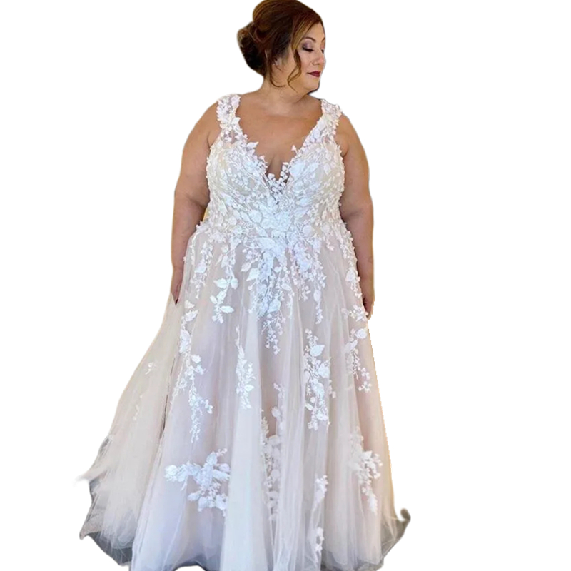 3D Floral Appliques Plus Size Wedding Dresses V-Neck Sleeveless Romantic Spring Summer Long A Line Lace Tulle Bridal Gowns Court Train Vestido De Novi