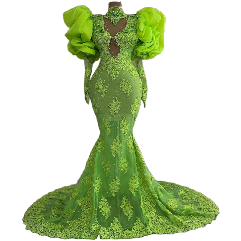 Elegant Green Lace Mermaid Evening Dresses Puff Ruched Long Sleeves Appliques Crystals Beaded High Neck Formal Occasion Gowns Black Girls Prom Recepti