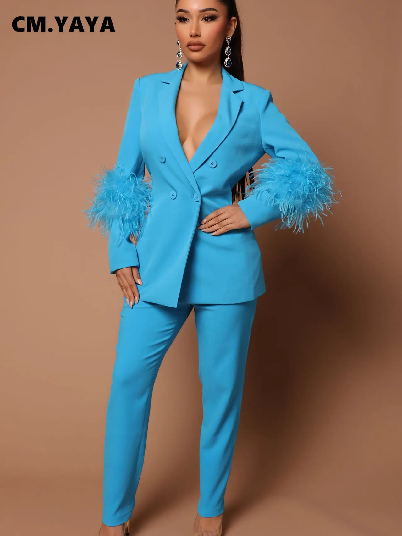 CM.YAYA Vintage Women Fur Hem Long Sleeve Blazer Suit and Pants Chic OL Fashion Two 2 Piece Set Outfits Basic Tracksuit 240301