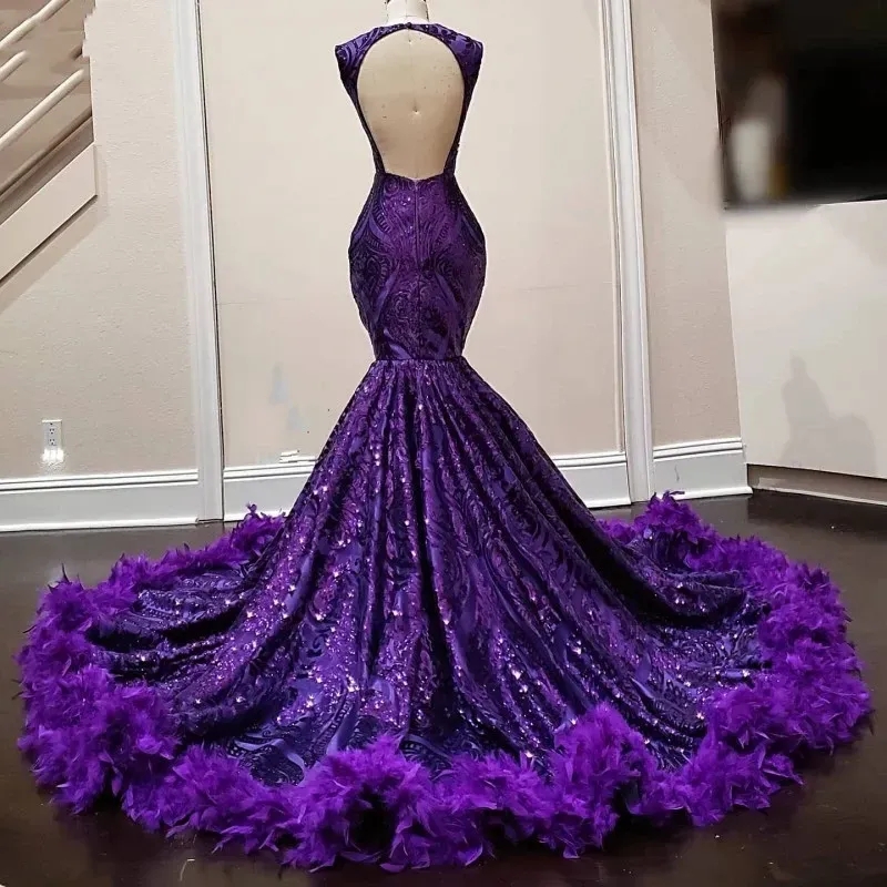 Mermaid Purple Feathers Prom For Black Girl Sequin Birthday Women Party Dresses 2024 Robes De Bal Evening Gowns