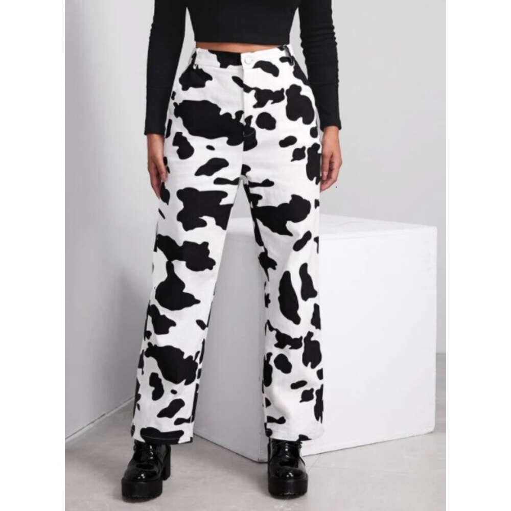 2024 New Instagram Style Personalized Print Loose Straight Leg Jeans Women's Fashion High Waist Casual Pants