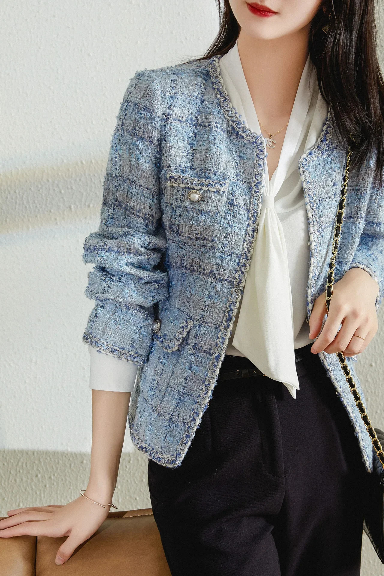 Tweed Jacket Spring Autumn Womens Classic Ladies Runway Plaid Blue Loose Coat ONeck 240307
