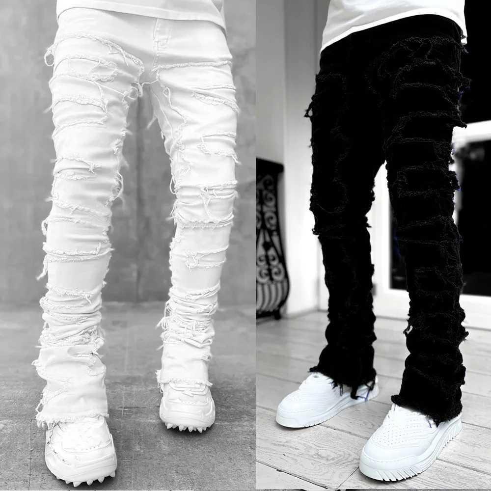 Men's Pants 2024 High Street White Mens Stacked Jeans Stretched Patchwork Tassel Damaged Denim Full Length Pants Hip-pop Trousers For MaleL2403