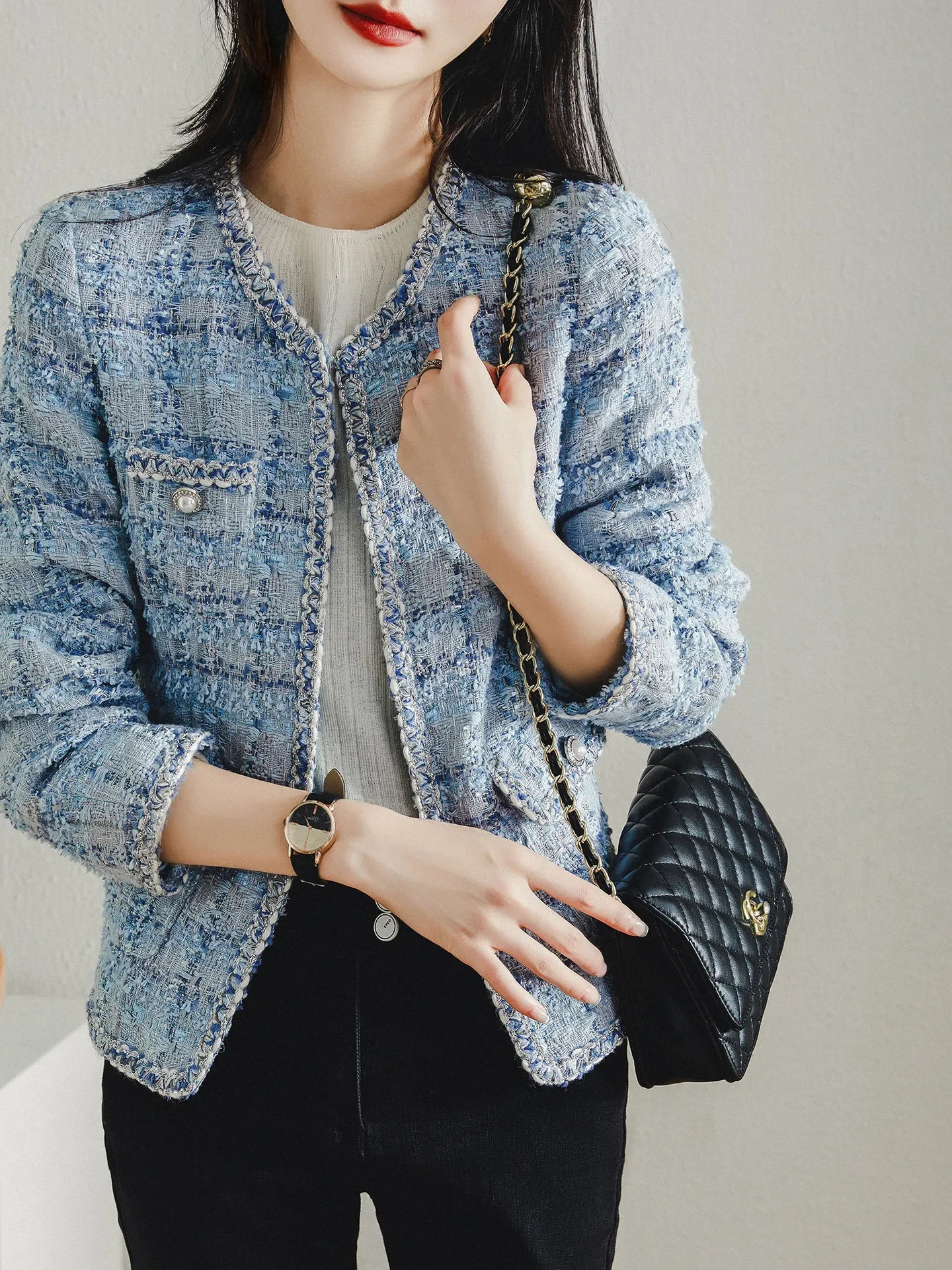 Tweed Jacket Spring Autumn Womens Classic Ladies Runway Plaid Blue Loose Coat ONeck 240307
