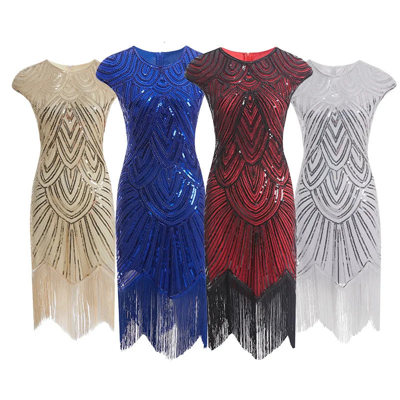 Vintage 1920s Flapper Great Gatsby Dress ONeck Cap Sleeve Sequin Fringe Party Midi Vestidos Verano Summer 240313