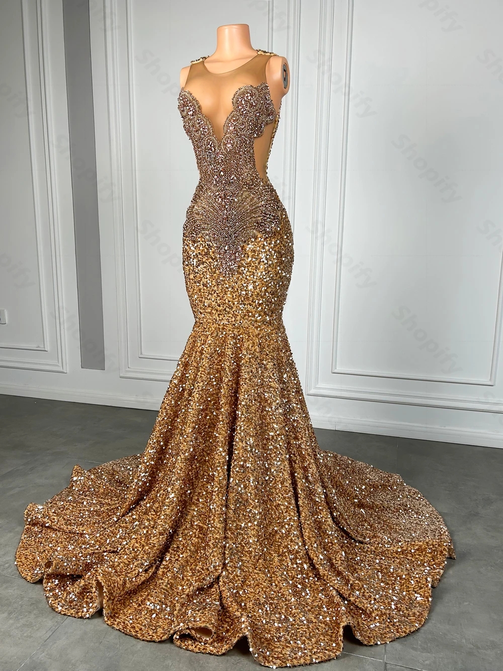 2024 Sparkly Brown Dia Long Prom Dress for Black Girl Beads Rhie Gold Sequin Mermaid Women Evening Birthday Party Gowns Robe De Soiree