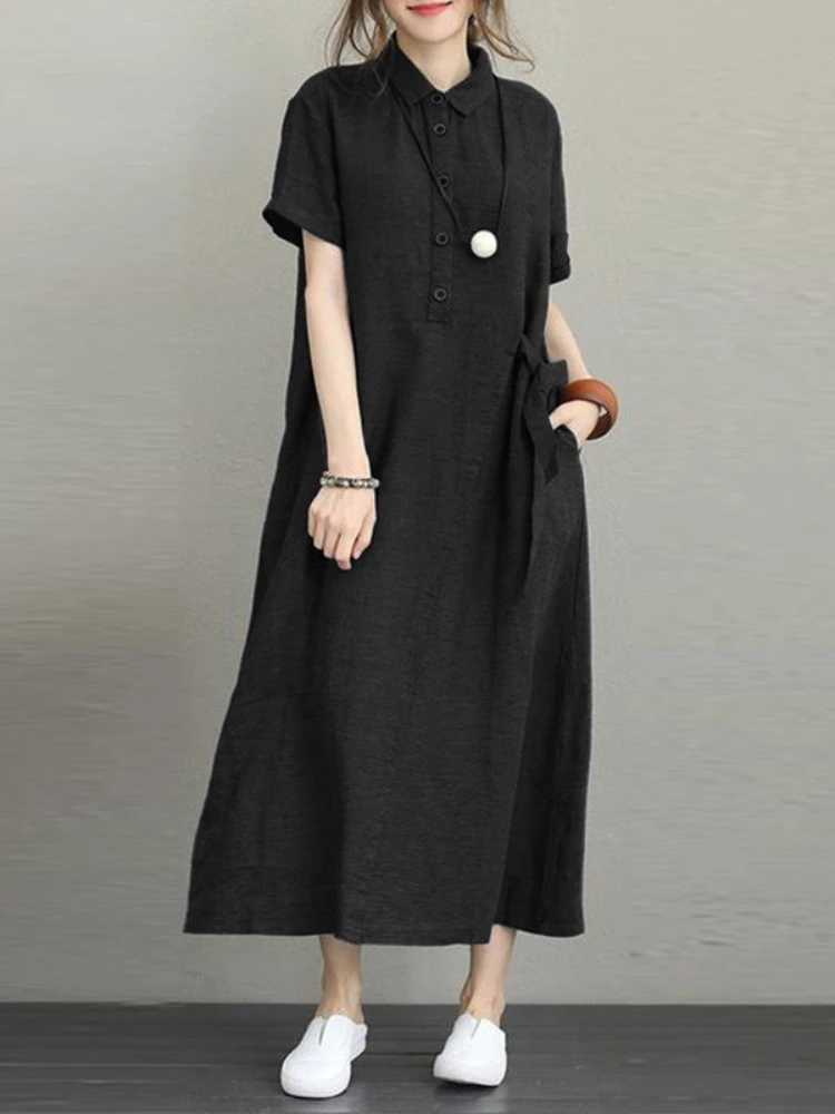 Basic Casual Dresses Summer Dress Women Cotton Linen Vintage Casual Loose Oversie Lapel Short-sled Dress New In Mid-length Long Dress for WomenC24315