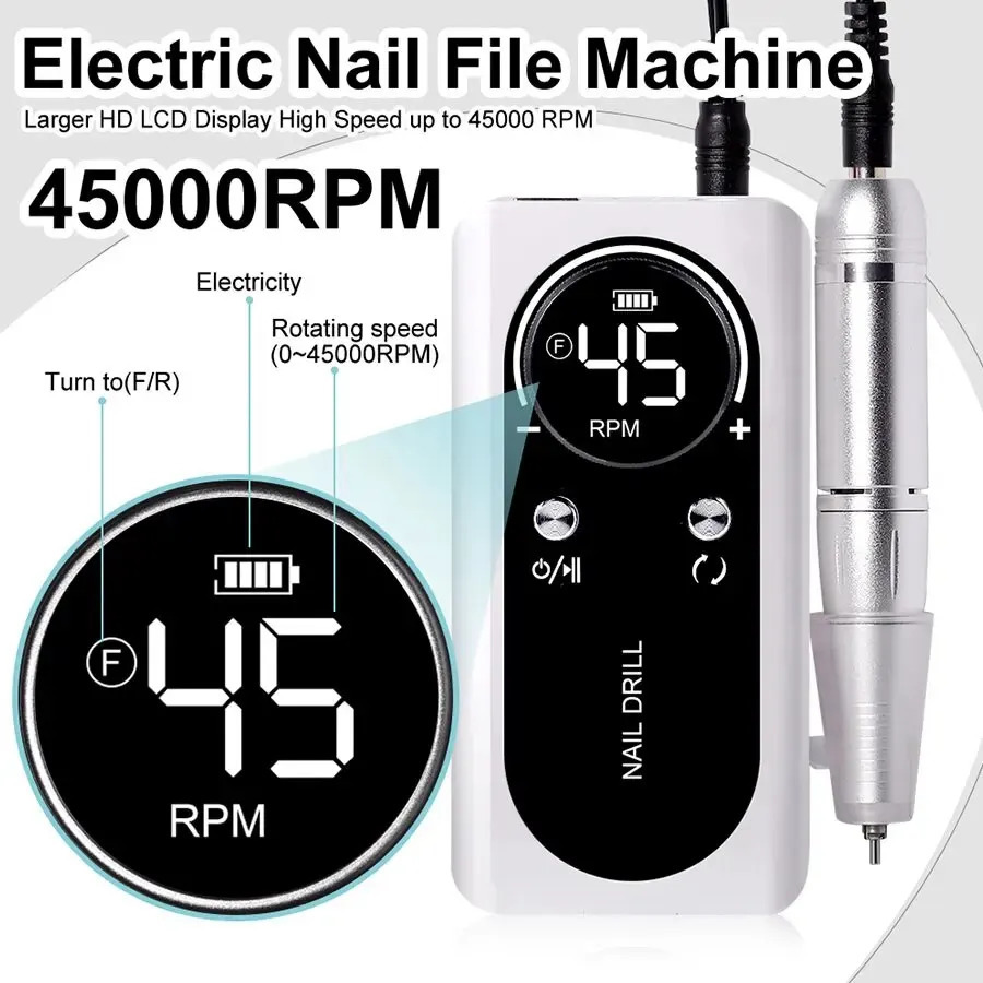 Professional 45000RPM Electric Portable Nail Drill Machine Rechargeable Low Noise Nail Sander File for Manicure Salon Tool 240314
