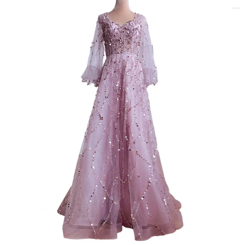 Casual Dresses Women Elegant Evening Party Dress Sequins Mesh Luxury Long Lantern Sleeve Double-layered Cocktail Vestidos